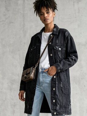 Zara TRF Black Oversized Distressed Longline Denim Jacket Shacket Medium M